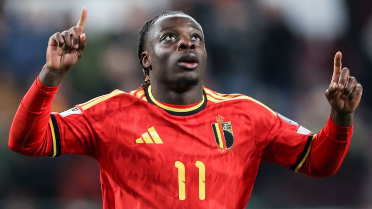 Jeremy Doku of Belgium celebrates a goal during European World Cup Qualifiers 2026 football match between Belgium and Liechtenstein
